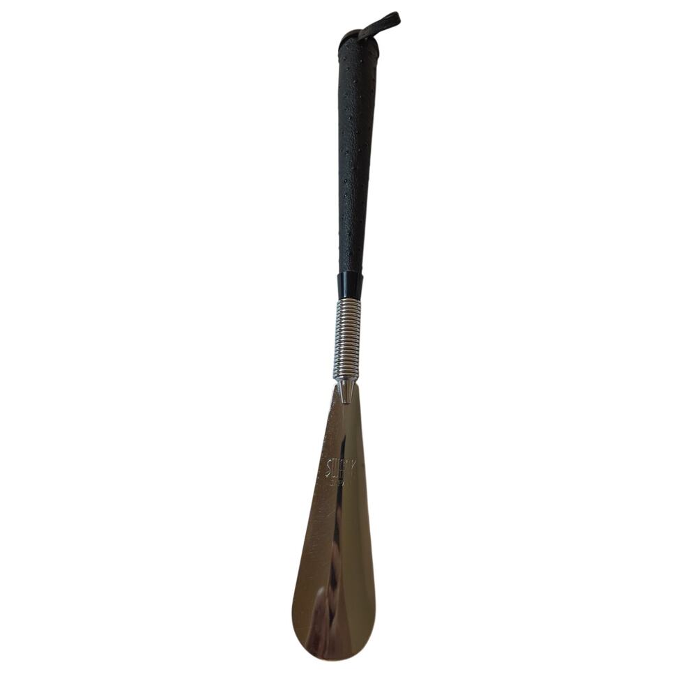 SWANK MID-CENTURY LONG HANDLED STEEL SHOE HORN. FAUX LEATHER HANDLE. JAPAN